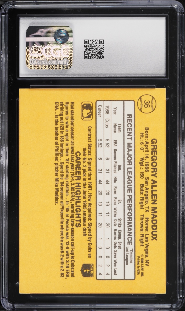 1987 Donruss Greg Maddux ROOKIE #36 CGC 8 NM-MT