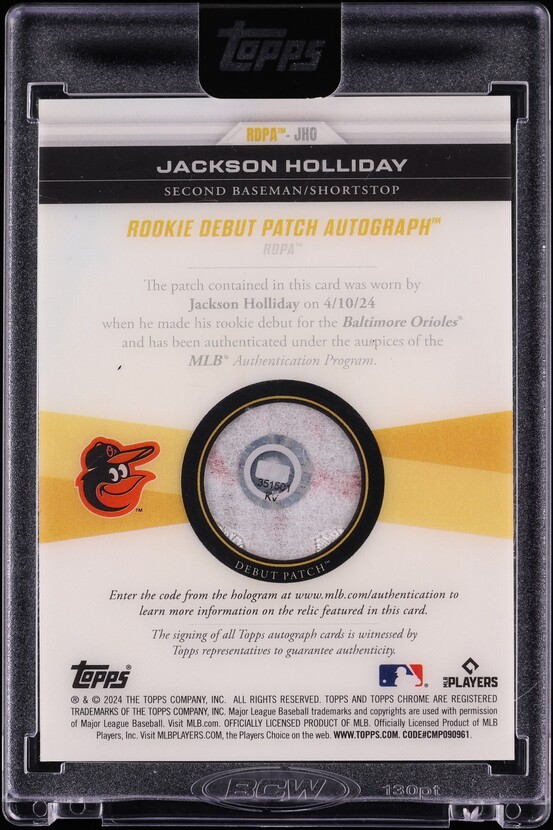 2024 Topps Jackson Holliday ROOKIE MLB DEBUT PATCH AUTO 1/1 #RDPA-JHO