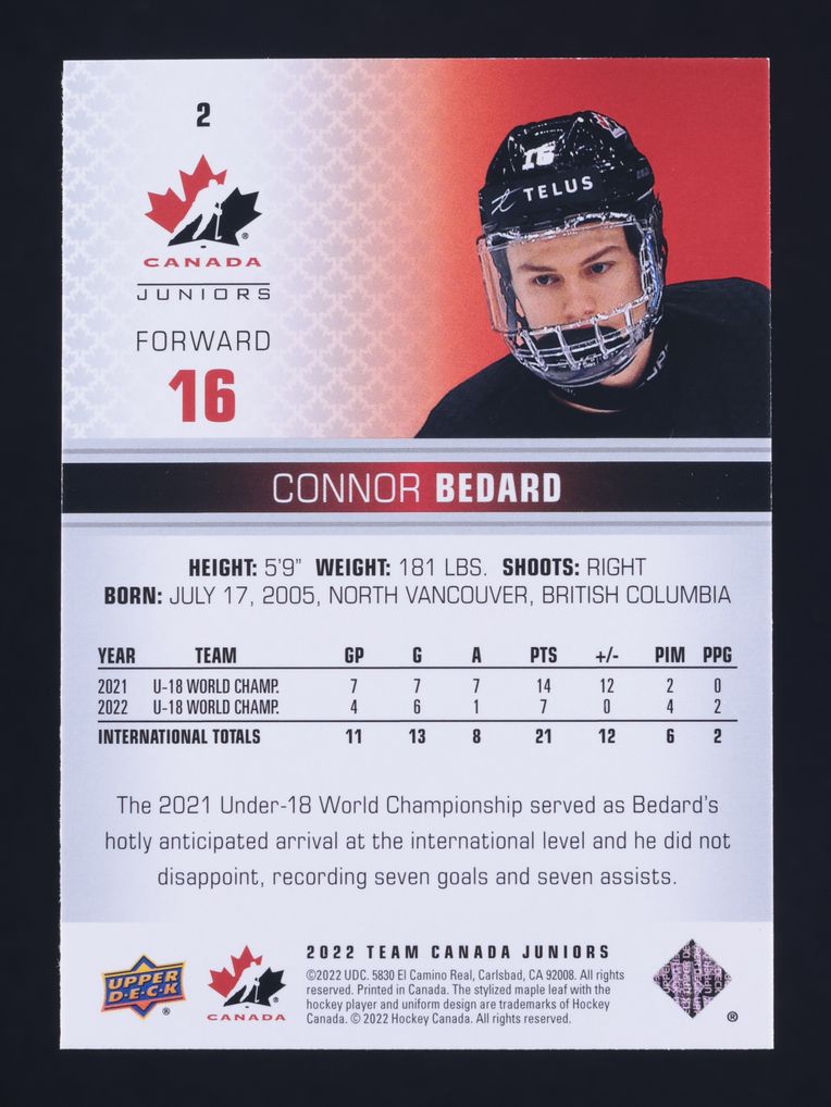 2022 Upper Deck Team Canada Juniors Red Connor Bedard ROOKIE #2 MBA AUTH