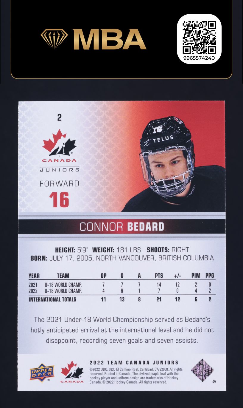 2022 Upper Deck Team Canada Juniors Red Connor Bedard ROOKIE #2 MBA AUTH