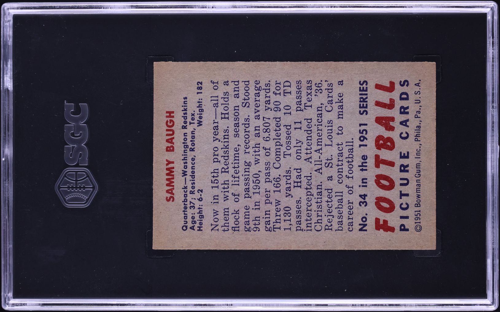 1951 Bowman Football Sammy Baugh #34 SGC 5 EX