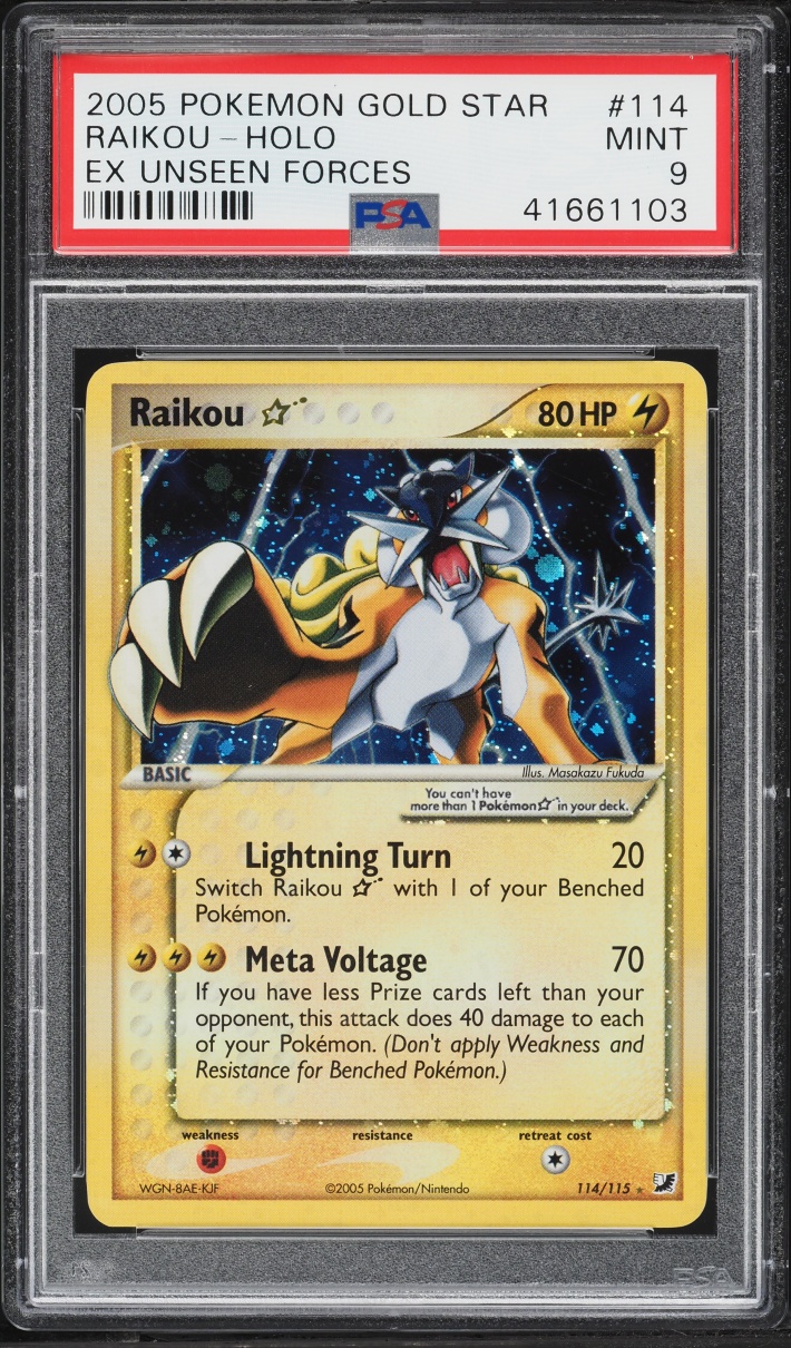 2005 Pokemon EX Unseen Forces Holo Raikou Gold Star #114 PSA 9 MINT