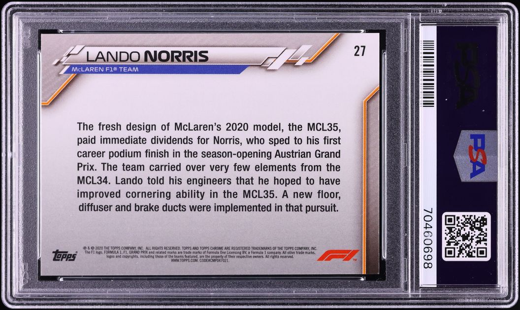 2020 Topps Chrome Formula 1 F1 Sapphire Lando Norris ROOKIE #27 PSA 10 GEM MINT