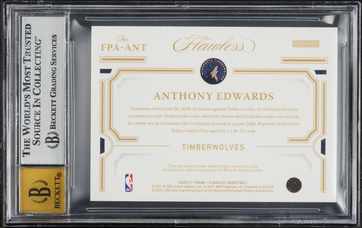 2020 Panini Flawless Gold Anthony Edwards ROOKIE PATCH AUTO /10 #FPA-ANT BGS 9 MINT - Photo 2