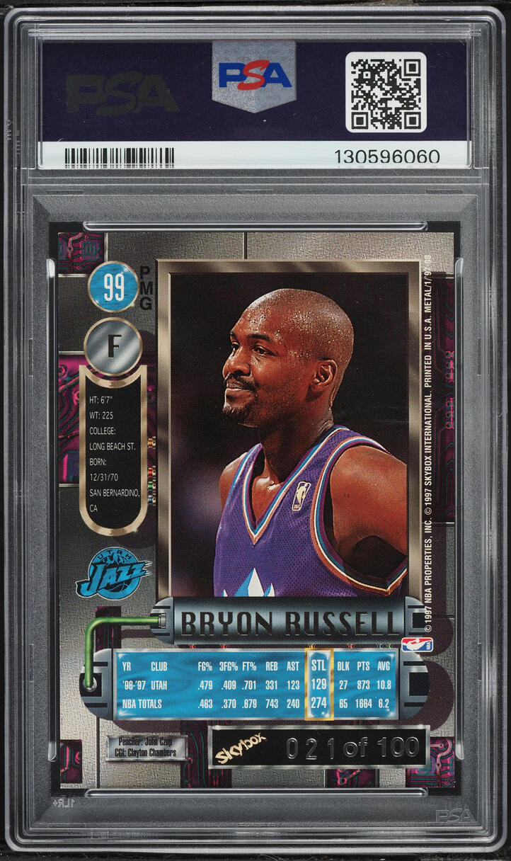 1997 Metal Universe Precious Metal Gems PMG Red Bryon Russell /100 #99 PSA 6 EXMT - Photo 2