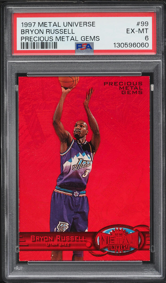 1997 Metal Universe Precious Metal Gems PMG Red Bryon Russell /100 #99 PSA 6 EXMT - Photo 1