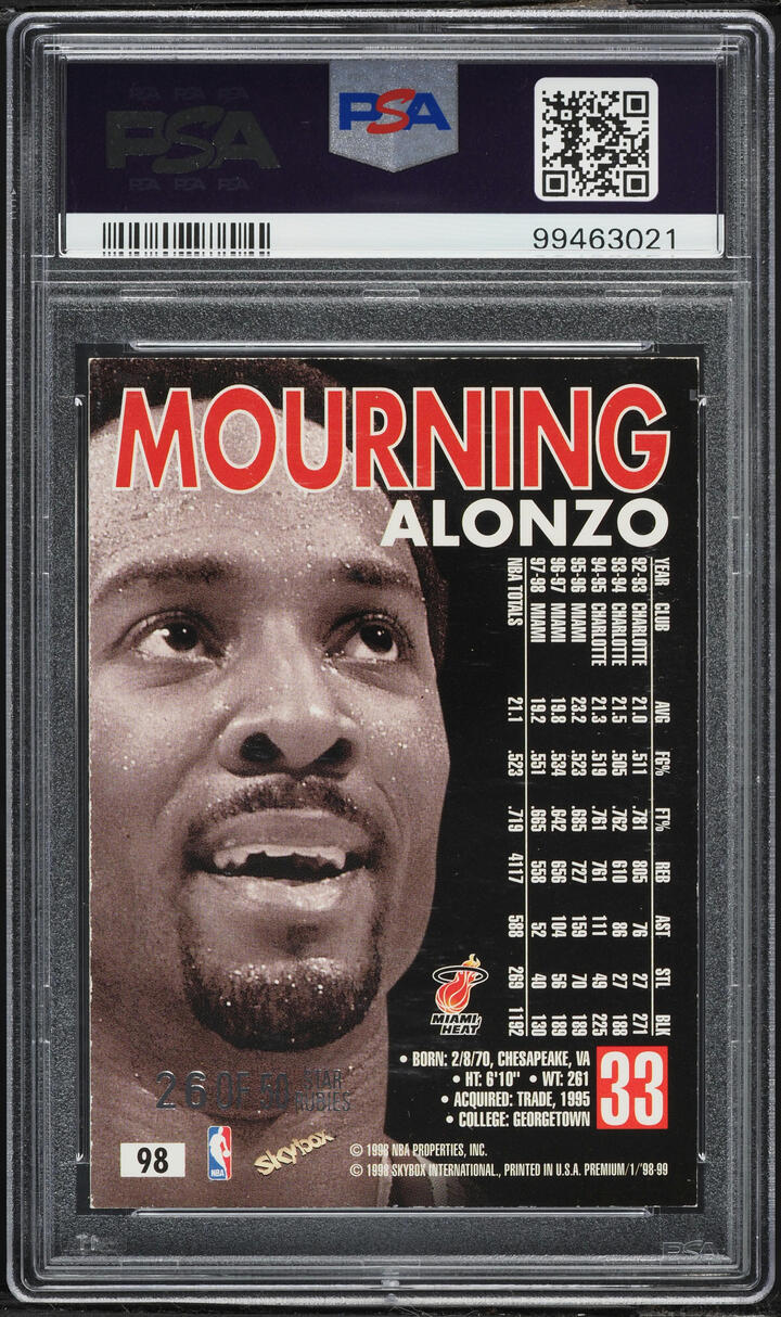 1998 Skybox Premium Star Rubies Alonzo Mourning /50 #98 PSA 7 NRMT - Photo 2