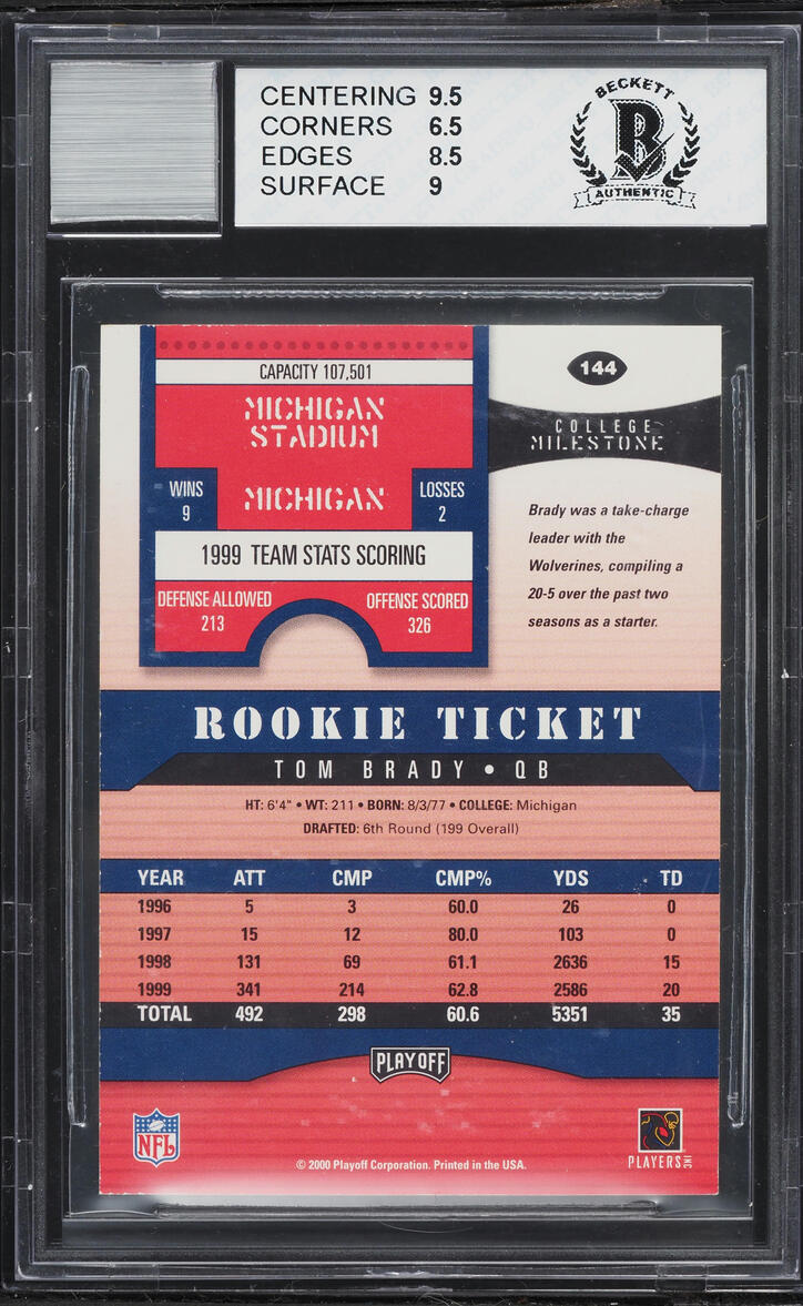2000 Playoff Contenders Tom Brady ROOKIE AUTO #144 BAS BGS 7 NRMT - Photo 2