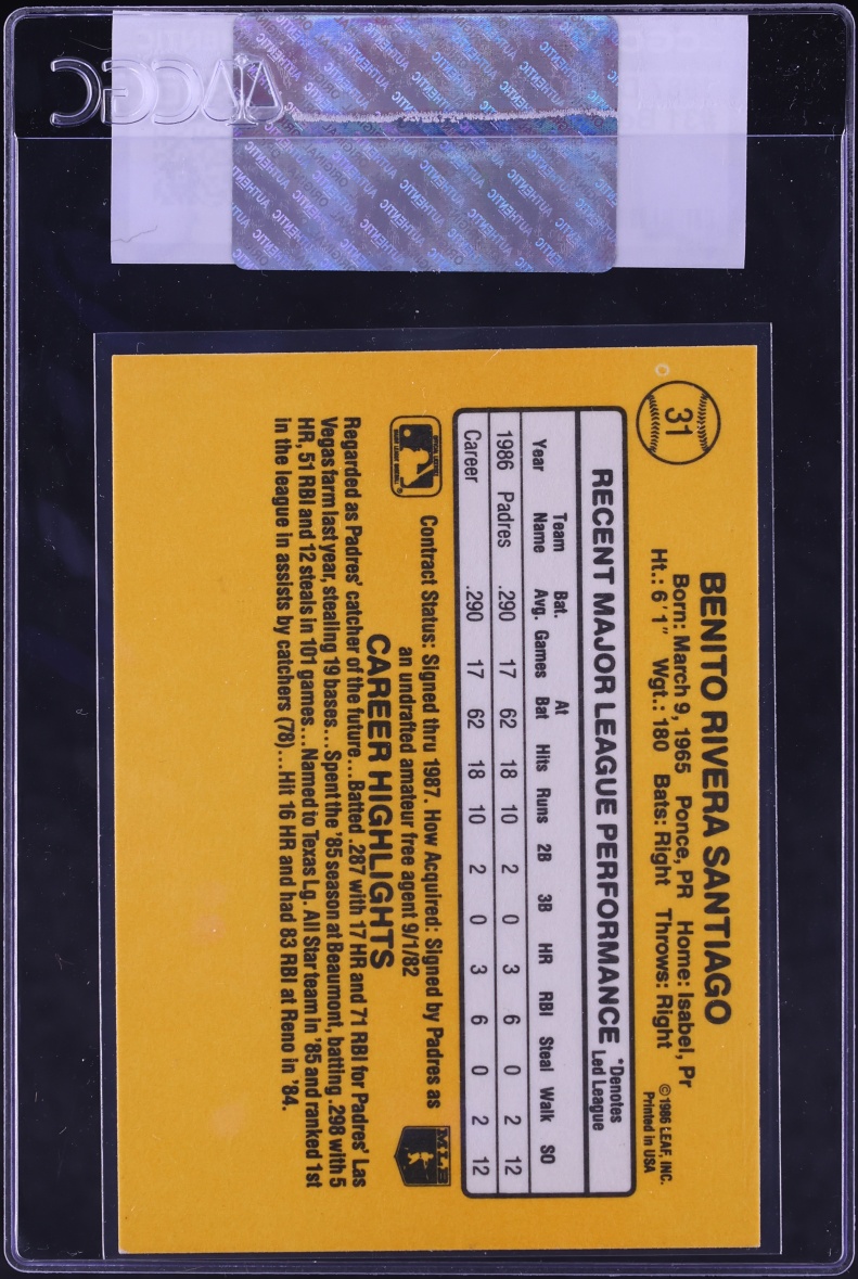 1987 Donruss Benito Santiago ROOKIE #31 CGC AUTH