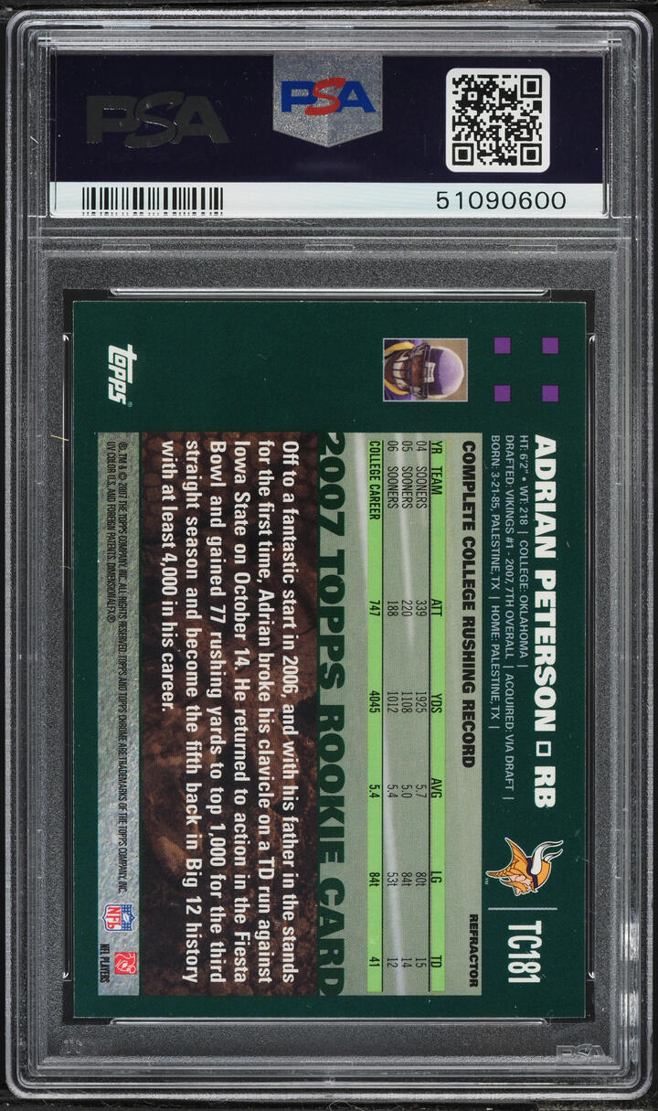 2007 Topps Chrome Refractor Adrian Peterson ROOKIE #TC181 PSA 9 MINT
