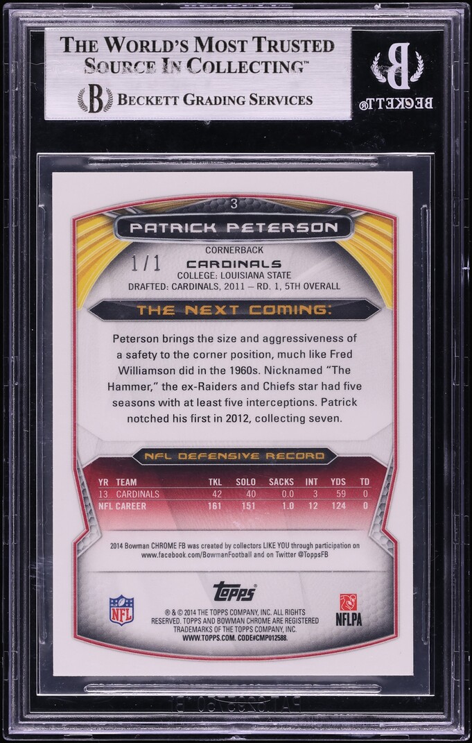 2014 Bowman Chrome Superfractor Patrick Peterson 1/1 #3 BGS 9 MINT