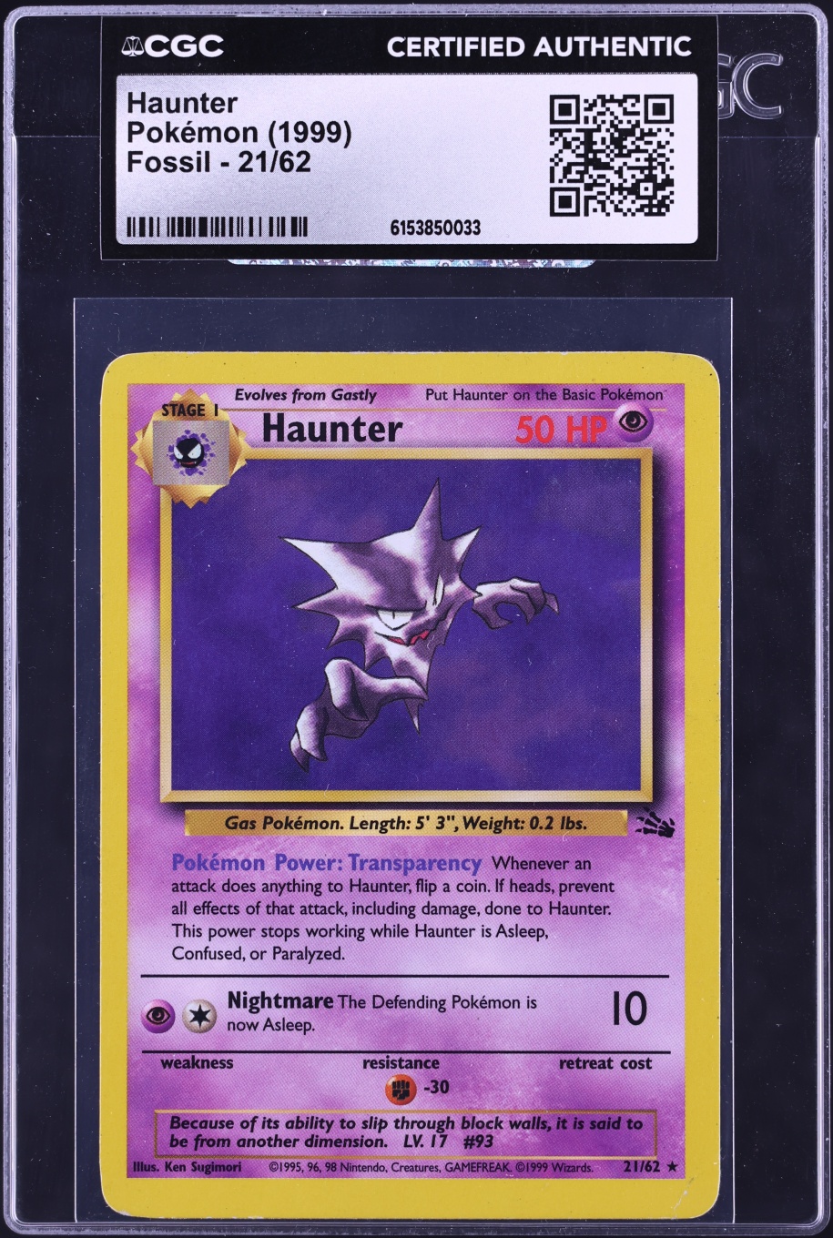 1999 Pokemon Fossil Haunter #21 CGC AUTH