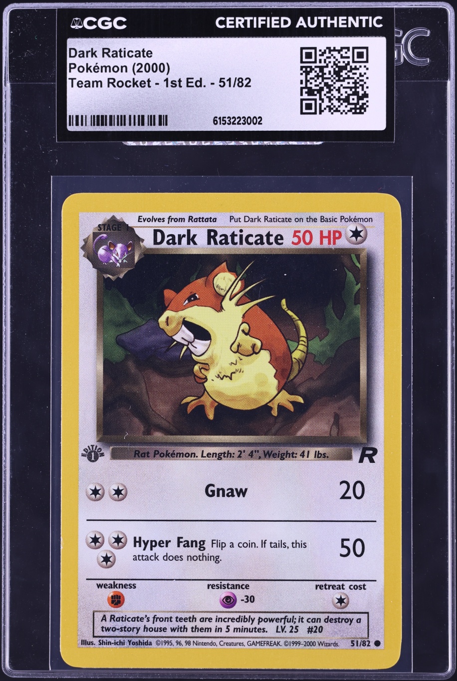 2000 Pokemon Team Rocket 1st Edition Dark Raticate #51 CGC AUTH