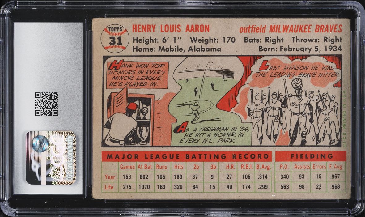 1956 Topps Hank Aaron GRAY BACK #31 CGC 3 VG