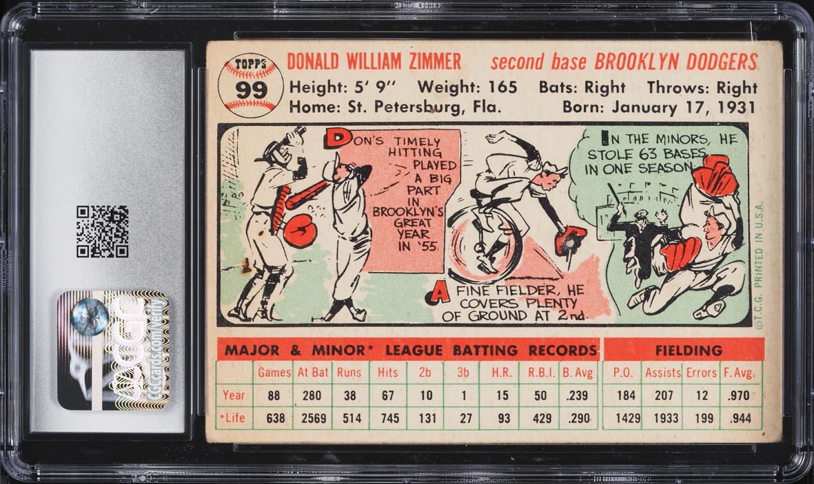 1956 Topps Don Zimmer WHITE BACK #99 CGC 3 VG