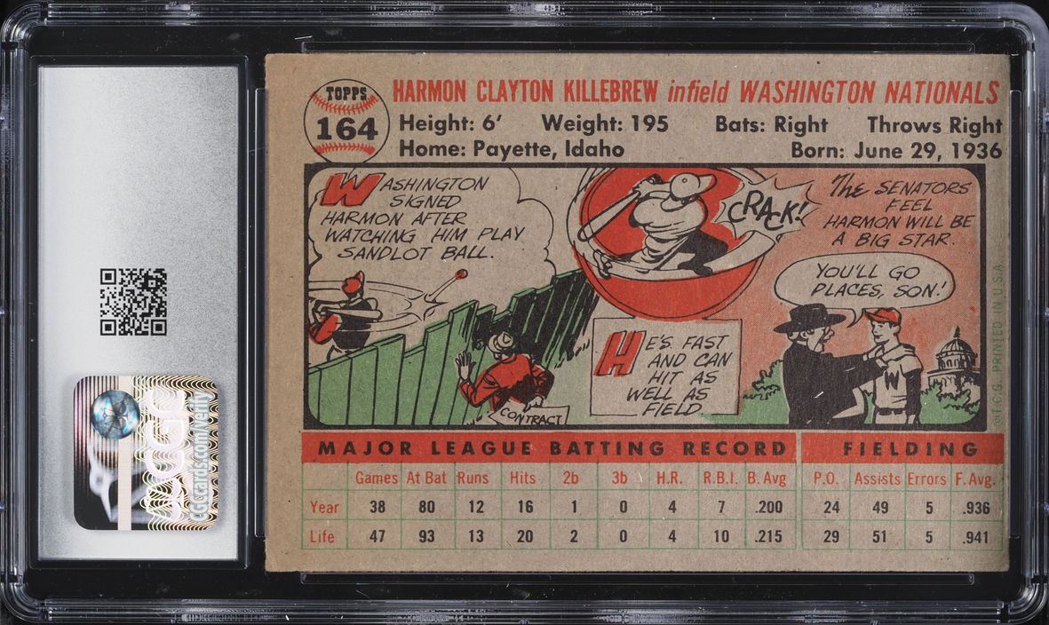1956 Topps Harmon Killebrew GRAY BACK #164 CGC 2.5 GD+