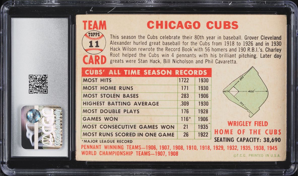 1956 Topps Chicago Cubs WHITE BACK #11 CGC 2.5 GD+