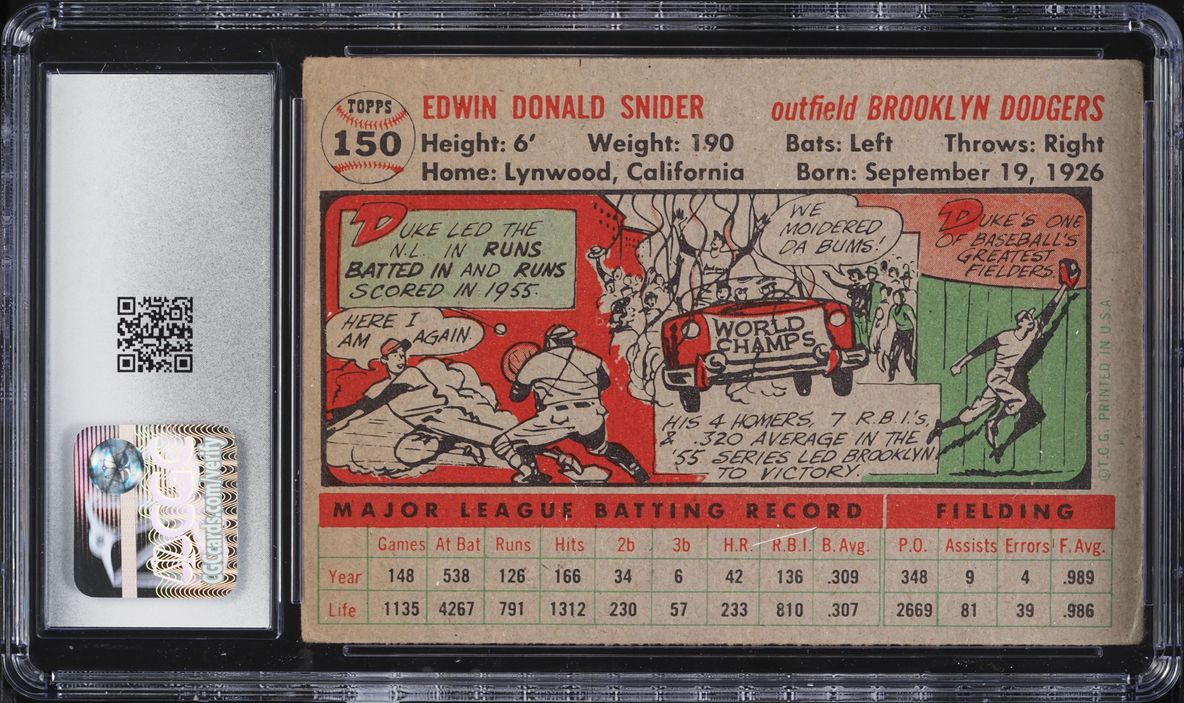 1956 Topps Duke Snider GRAY BACK #150 CGC 3 VG
