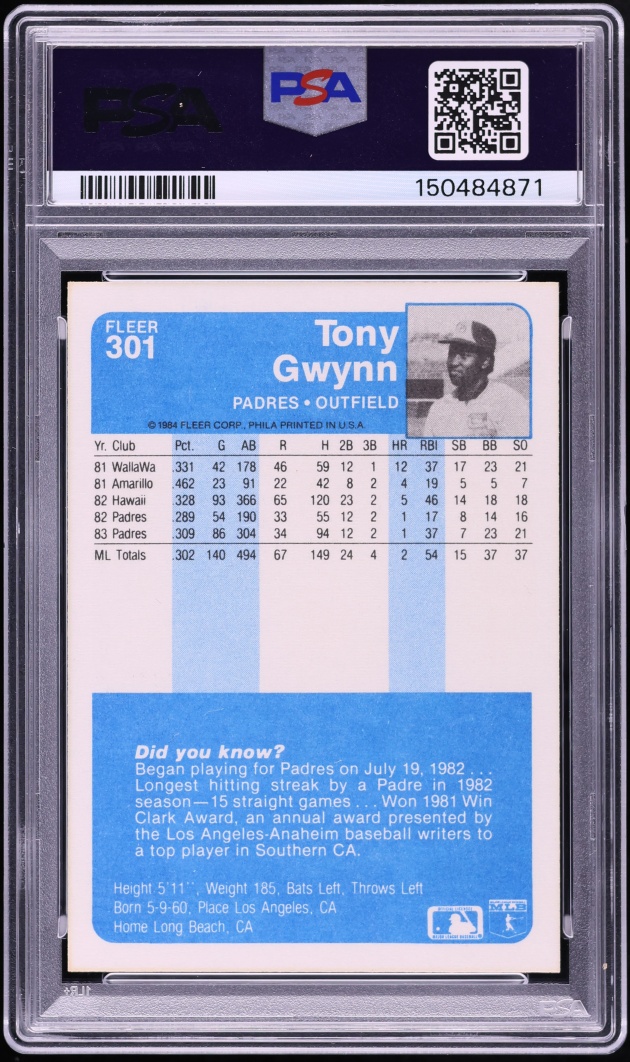 1984 Fleer Tony Gwynn #301 PSA 10 GEM MINT