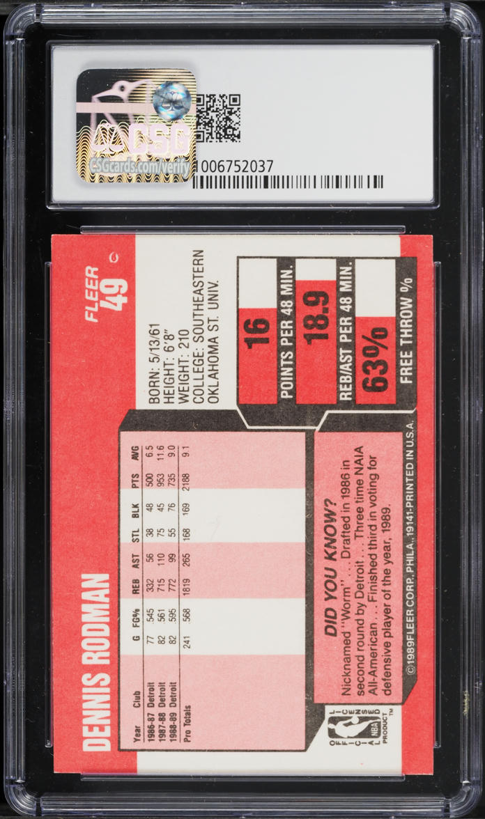 1989 Fleer Basketball Dennis Rodman #49 CSG 8.5 NM-MT+