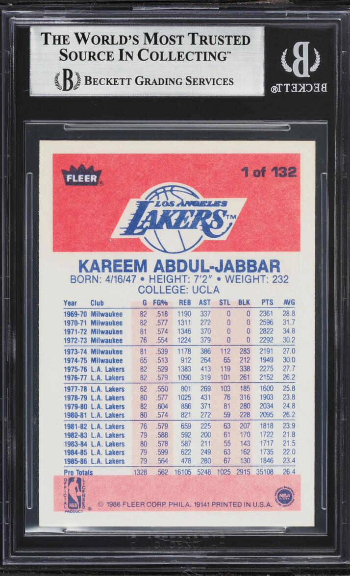 1986 Fleer Basketball Kareem Abdul-Jabbar #1 BGS 8.5 NM-MT+