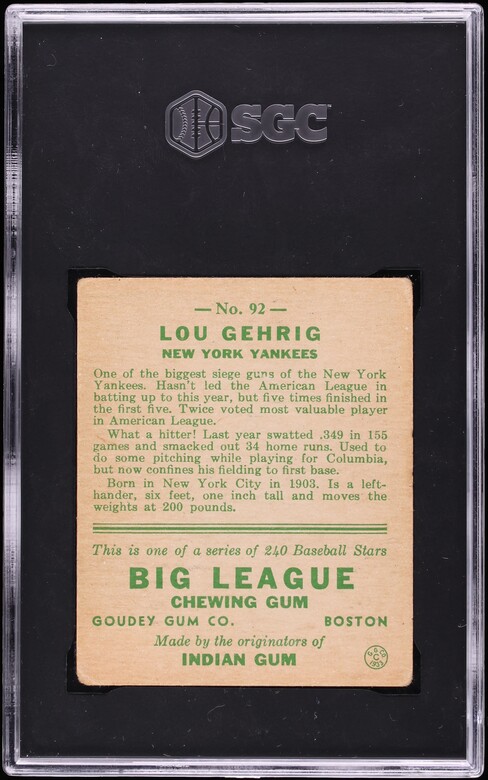 1933 Goudey Lou Gehrig #92 SGC 3 VG
