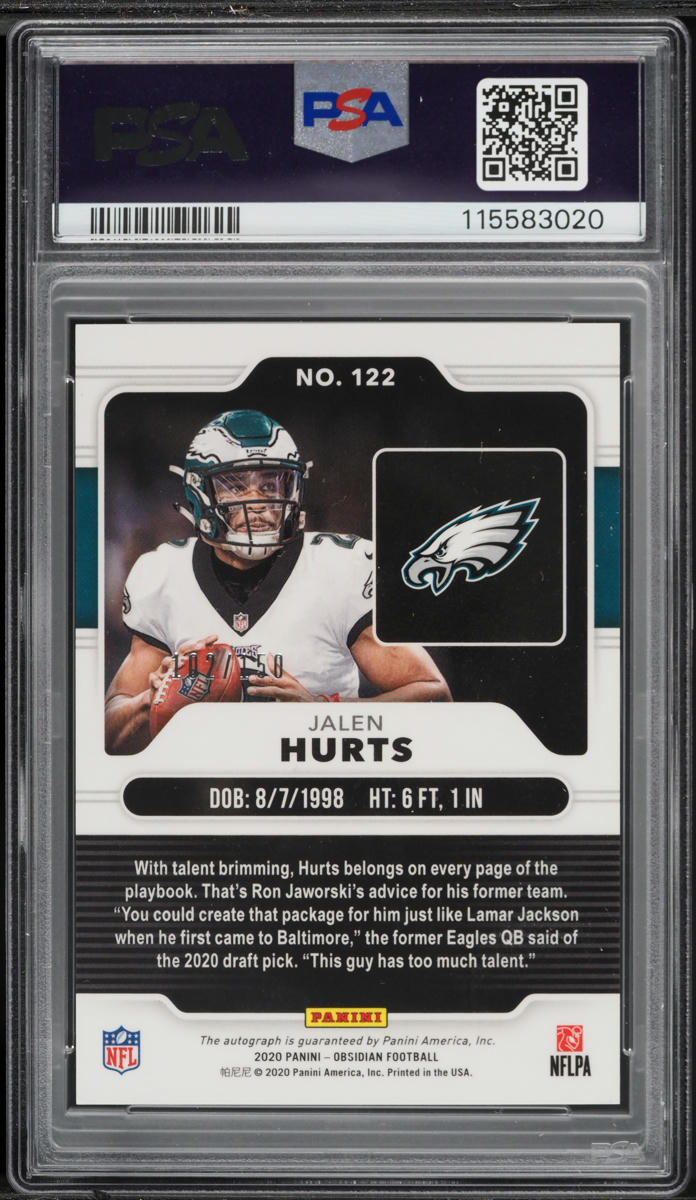 2020 Panini Obsidian Jalen Hurts ROOKIE AUTO /150 #122 PSA 10 GEM MINT