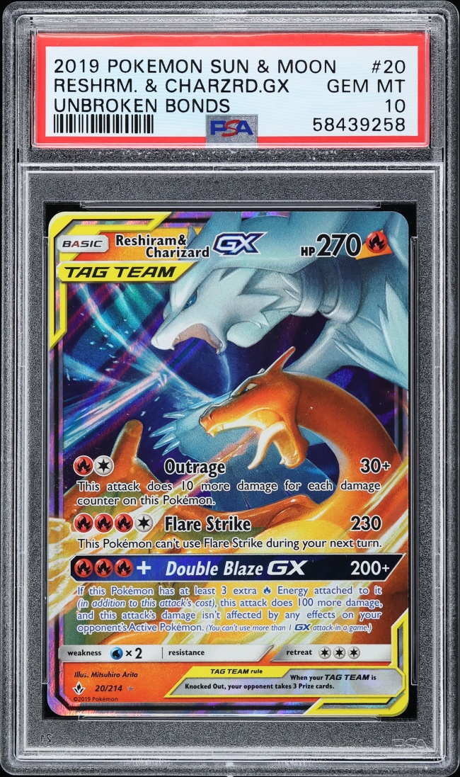 2019 Pokemon Sun & Moon Unbroken Bonds Holo Reshiram & Charizard GX #20 PSA 10 GEM MINT