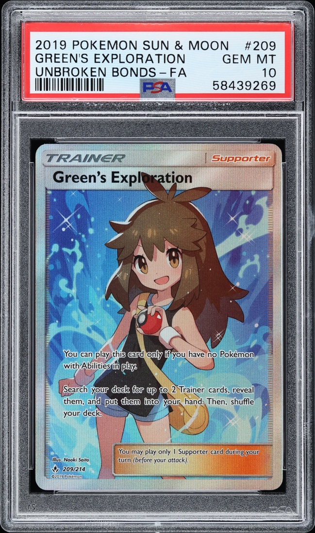 2019 Pokemon Sun & Moon Unbroken Bonds Full Art Green's Exploration #209 PSA 10 GEM MINT