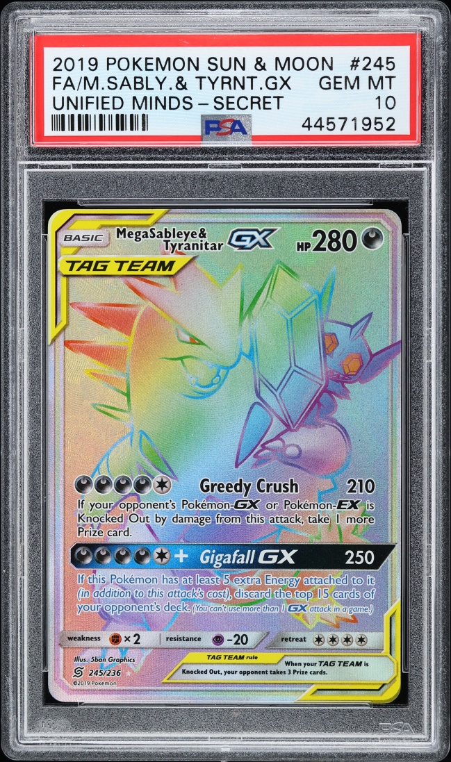 2019 Pokemon Sun & Moon Unified Minds Rainbow Rare Mega Sableye & Tyranitar GX #245 PSA 10 GEM