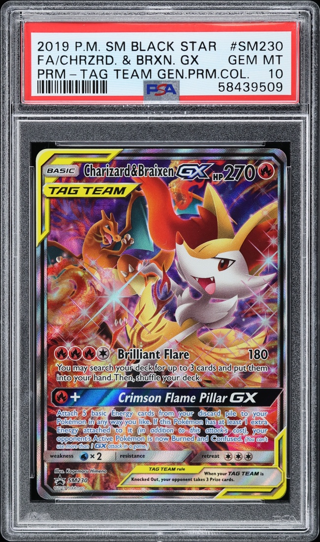 2019 Pokemon SM Promo Tag Team Generations Premium Alt Art Charizard & Braixen GX #SM230 PSA 10