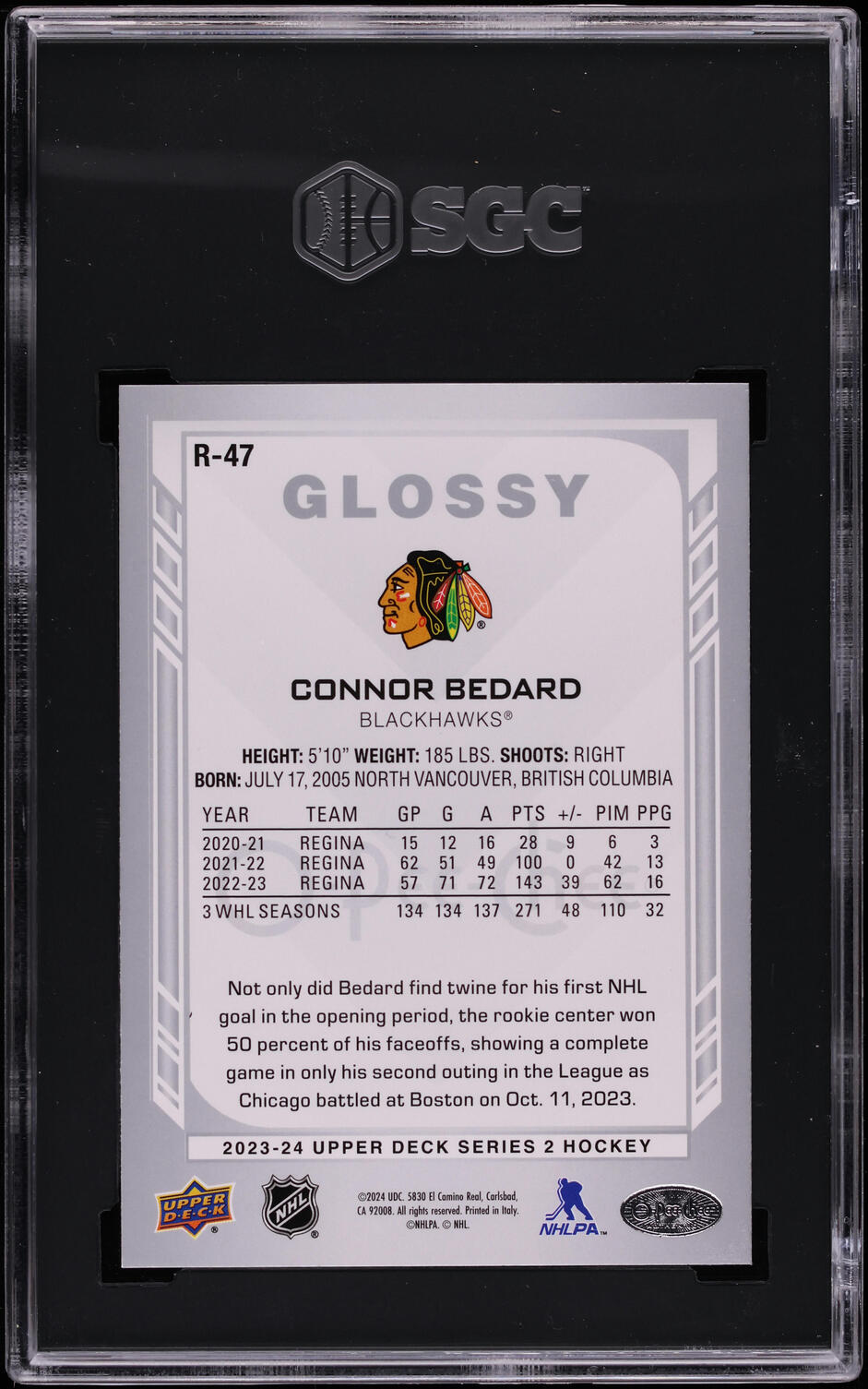 2023 Upper Deck O-Pee-Chee Glossy Connor Bedard ROOKIE #R-47 SGC 9.5 MINT+