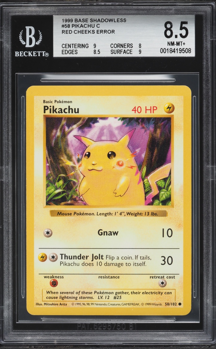 1999 Pokemon Base Set Shadowless Red Cheeks Error Pikachu #58 BGS 8.5 NM-MT+