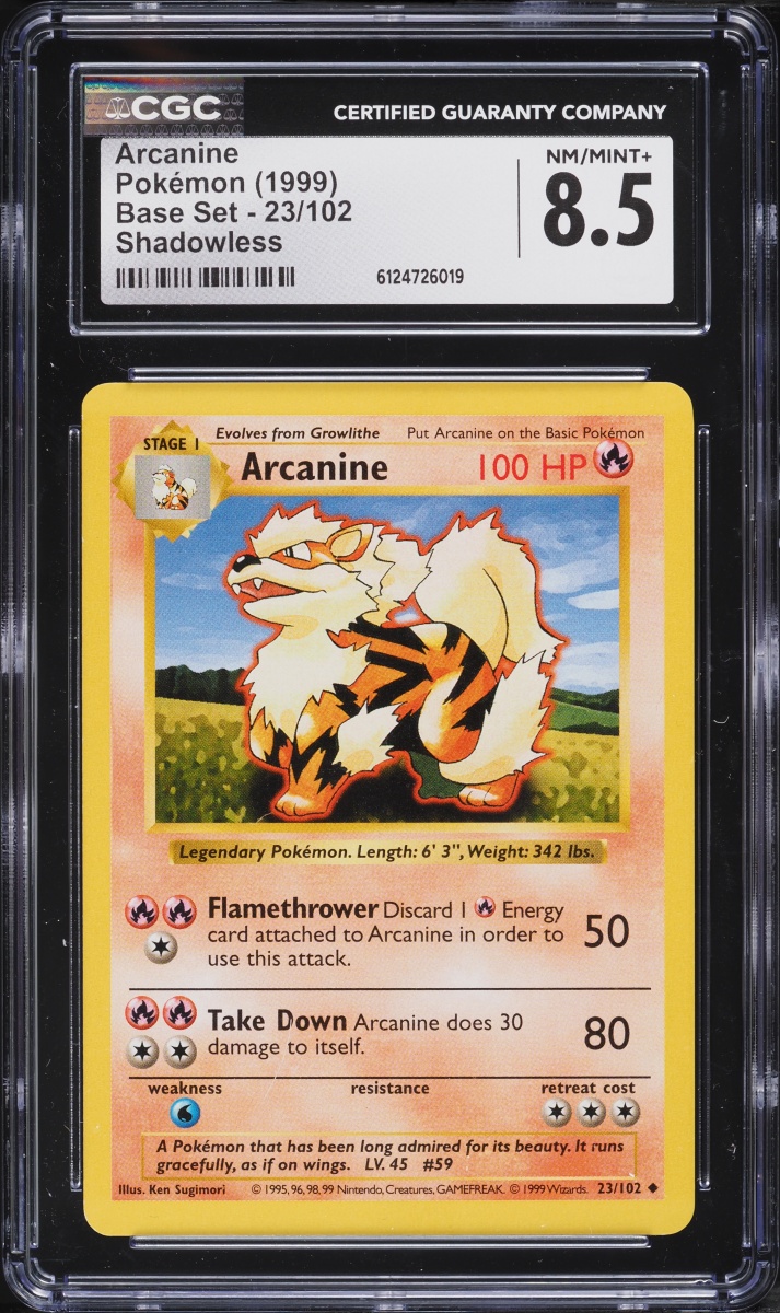 1999 Pokemon Base Set Shadowless Arcanine #23 CGC 8.5 NM-MT+