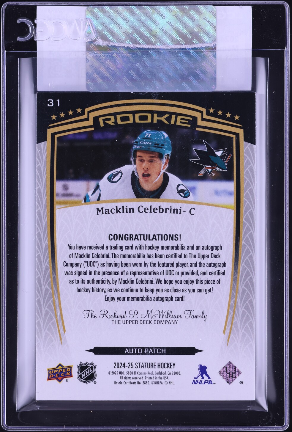 2024 Upper Deck Stature Macklin Celebrini ROOKIE PATCH AUTO /49 #31 CGC AUTH