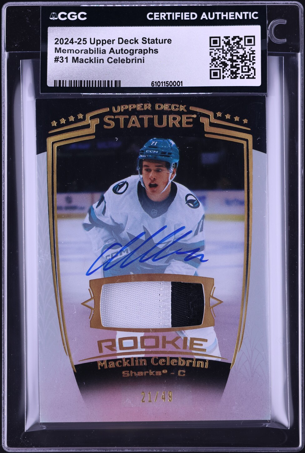 2024 Upper Deck Stature Macklin Celebrini ROOKIE PATCH AUTO /49 #31 CGC AUTH