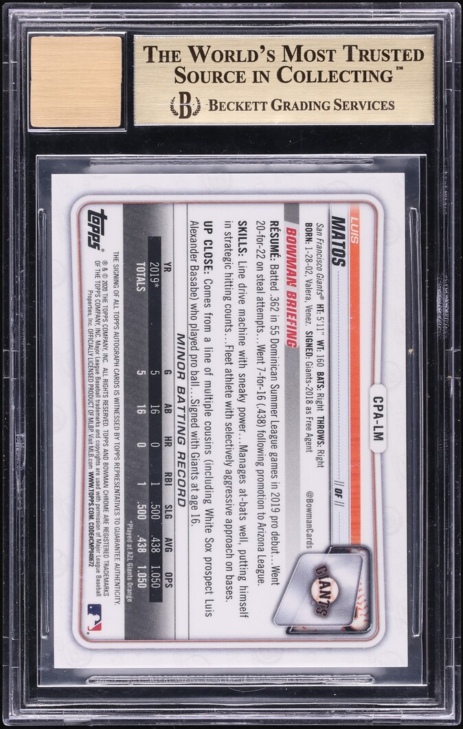 2020 Bowman Chrome Luis Matos PROSPECT AUTO #CPA-LM BGS 9.5 GEM MINT