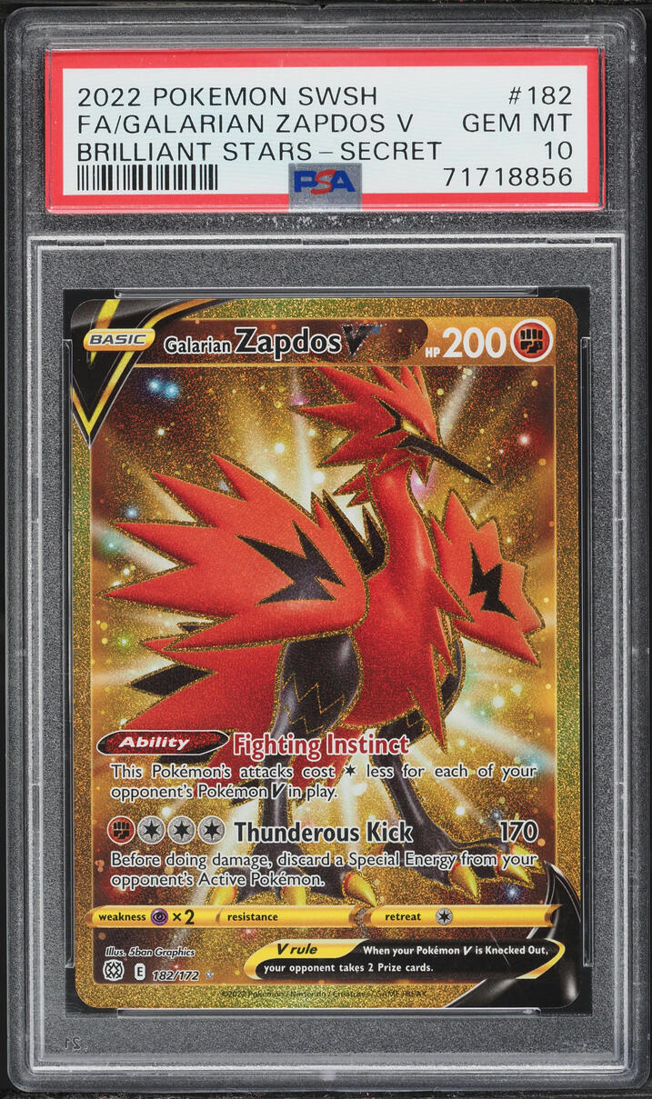 2022 Pokemon Sword & Shield Brilliant Stars Gold Rare Galarian Zapdos V #182 PSA 10 GEM