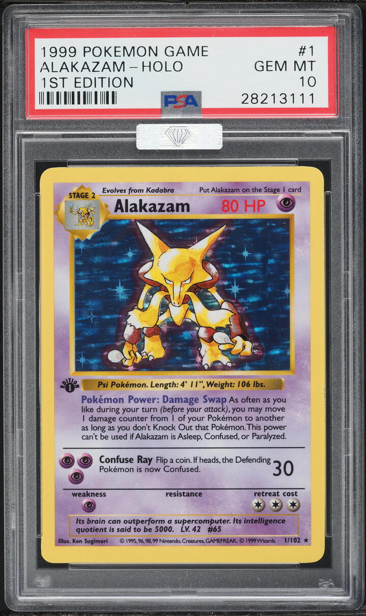 1999 Pokemon Base Set Shadowless 1st Edition Holo Alakazam #1 MBA PSA 10 GEM MINT