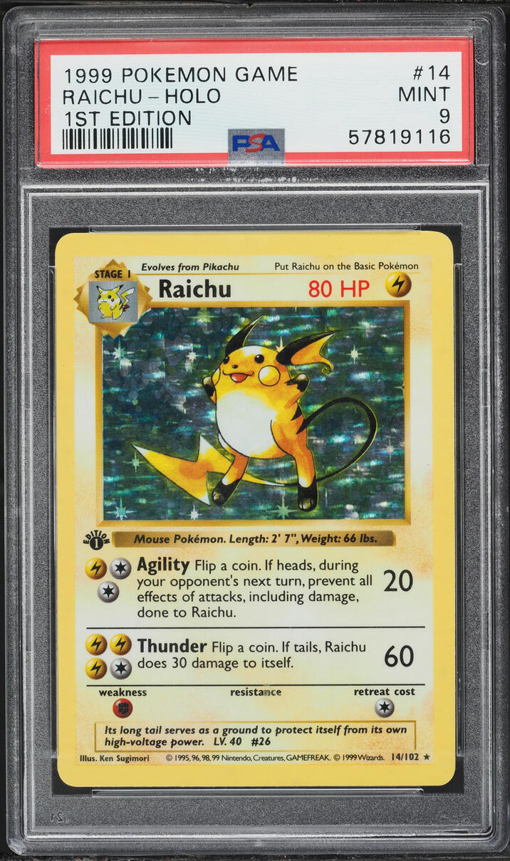 1999 Pokemon Base Set Shadowless 1st Edition Holo Raichu #14 PSA 9 MINT