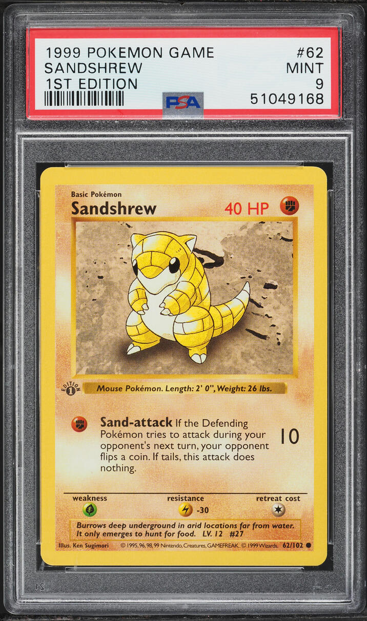 1999 Pokemon Base Set Shadowless 1st Edition Sandshrew #62 PSA 9 MINT