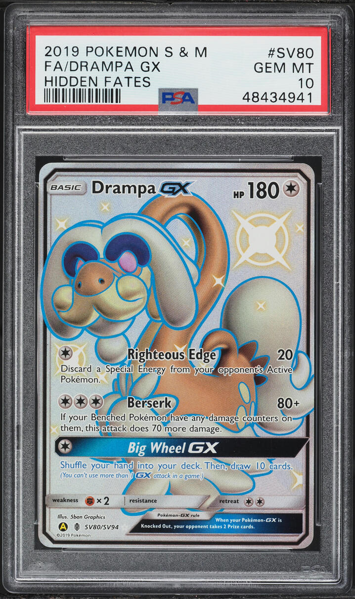 2019 Pokemon Sun & Moon Hidden Fates Full Art Drampa GX #SV80 PSA 10 GEM MINT