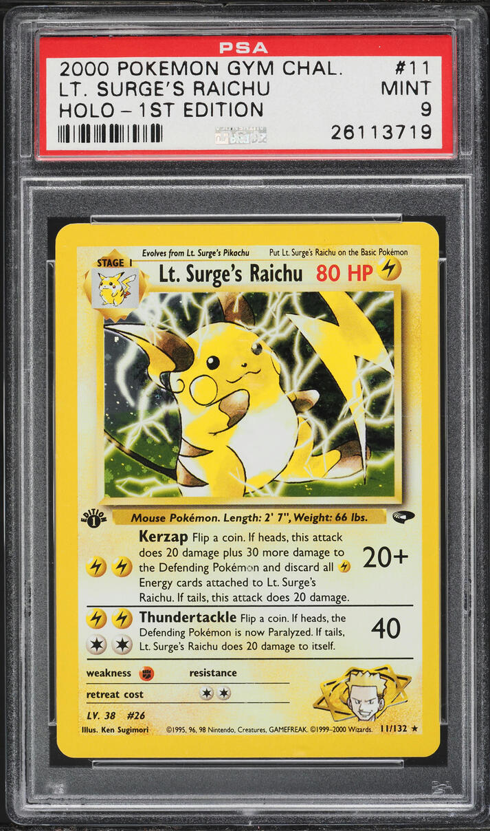2000 Pokemon Gym Challenge 1st Edition Holo Lt Surge's Raichu #11 PSA 9 MINT