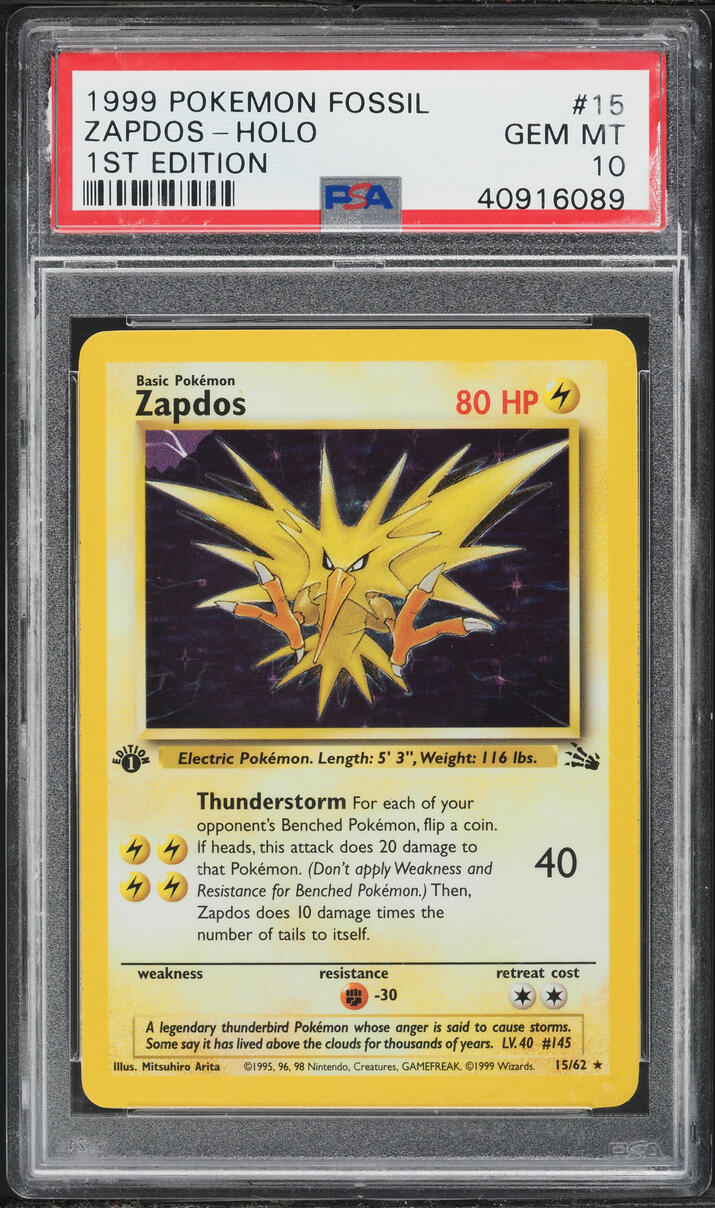 1999 Pokemon Fossil 1st Edition Holo Zapdos #15 PSA 10 GEM MINT
