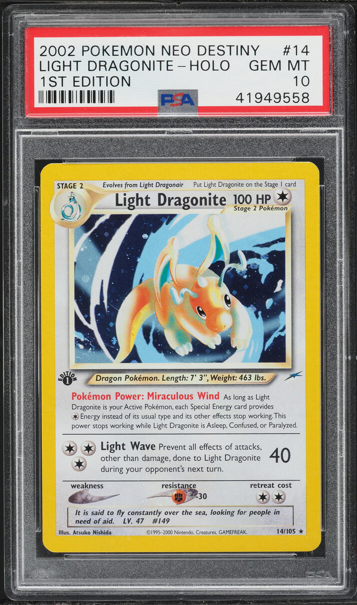 2002 Pokemon Neo Destiny 1st Edition Holo Light Dragonite #14 PSA 10 GEM MINT