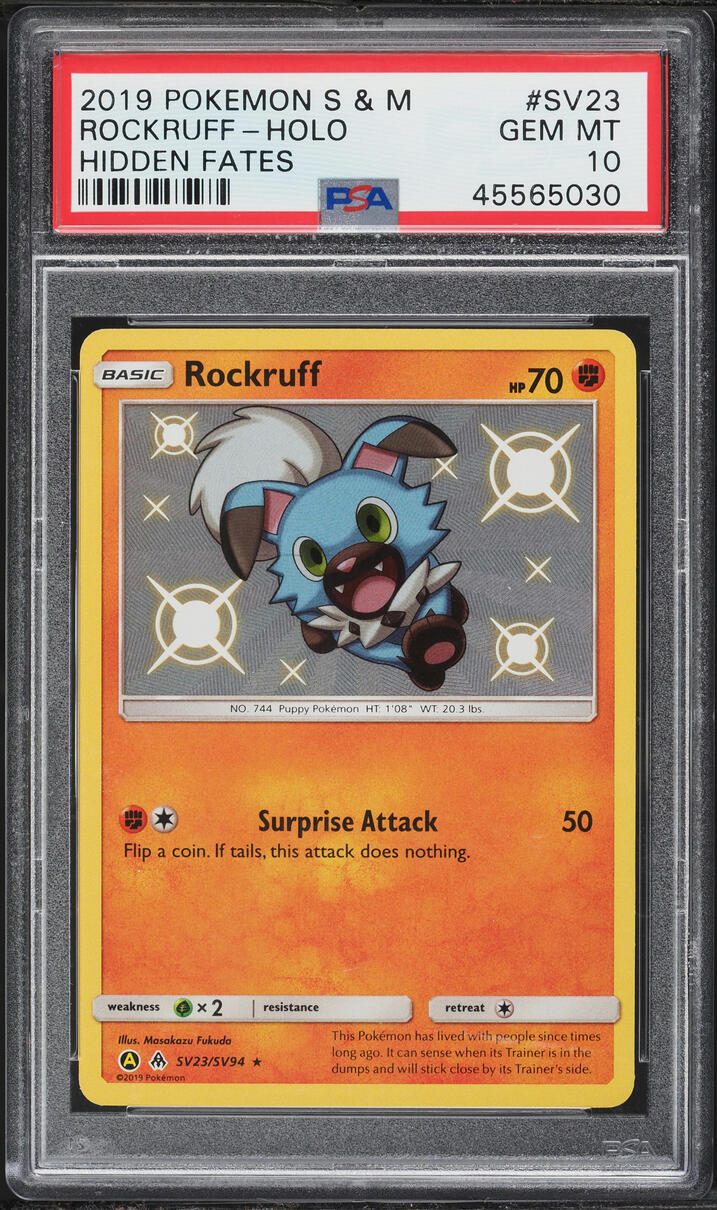 2019 Pokemon Sun & Moon Hidden Fates Shiny Holo Rockruff #SV23 PSA 10 GEM MINT