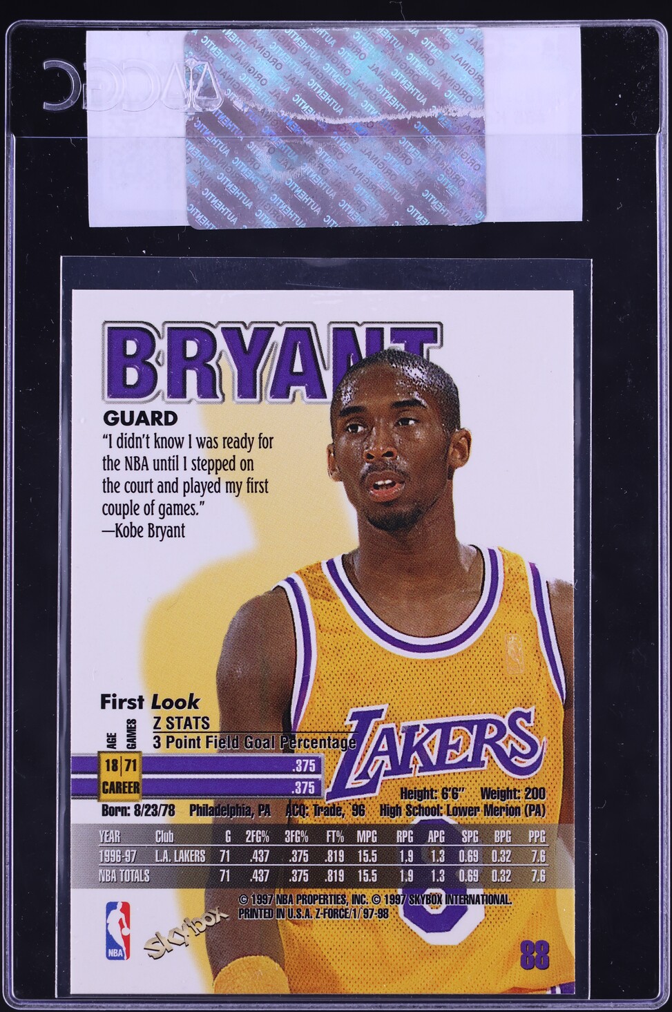1997 Skybox Z-Force Kobe Bryant #88 CGC AUTH