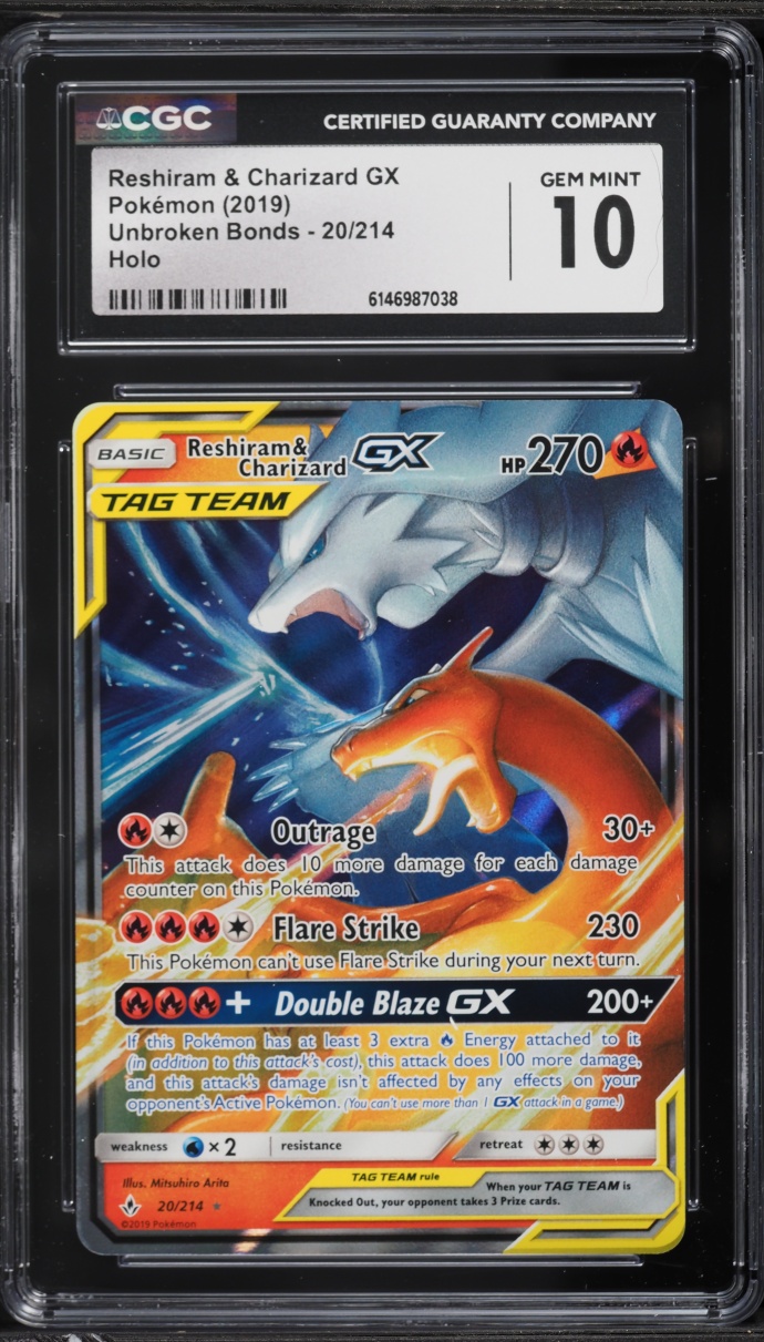 2019 Pokemon Sun & Moon Unbroken Bonds Alt Art Reshiram & Charizard GX #20 CGC 10 GEM MINT