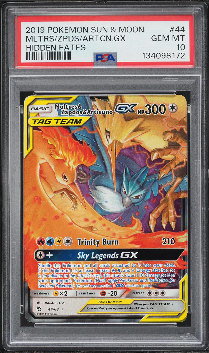 2019 Pokemon SM Hidden Fates Full Art Moltres & Zapdos & Articuno GX #44 PSA 10 GEM MINT