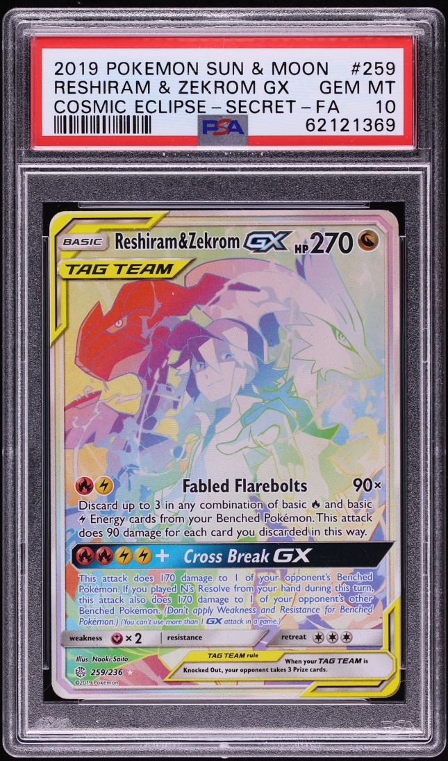 2019 Pokemon Sun & Moon Cosmic Eclipse Rainbow Rare Reshiram & Zekrom GX #259 PSA 10 GEM MINT
